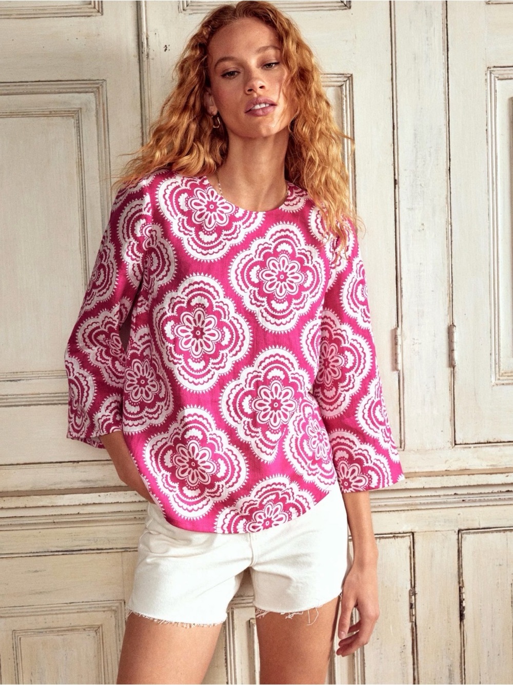 Boden | Fluted Sleeve Linen Top in Peony Pink, 12
